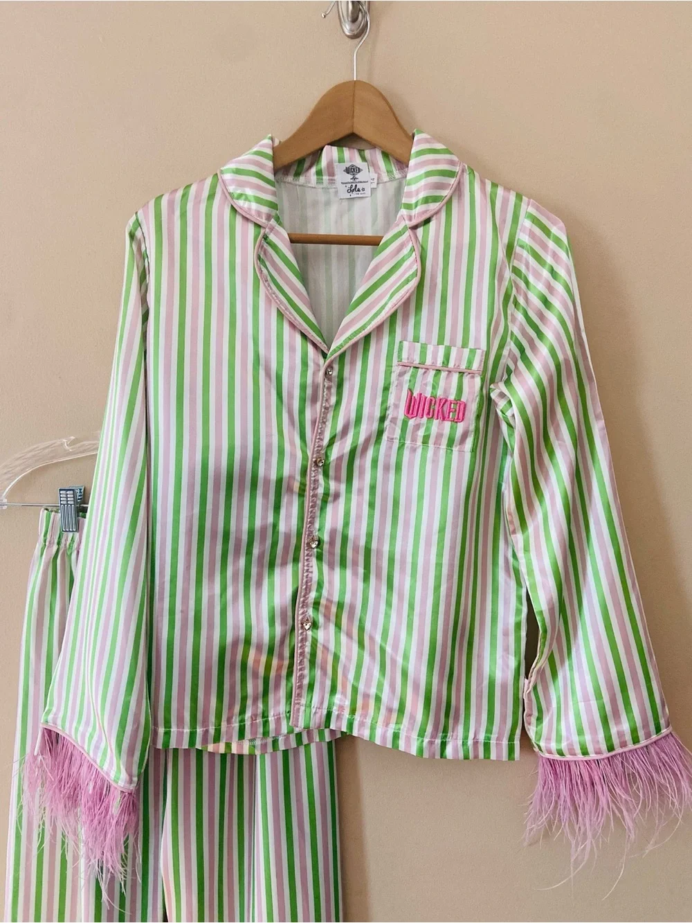 Lola + The Boys Wicked Universal Girl Pajama Set Green Pink Striped Feather Trim